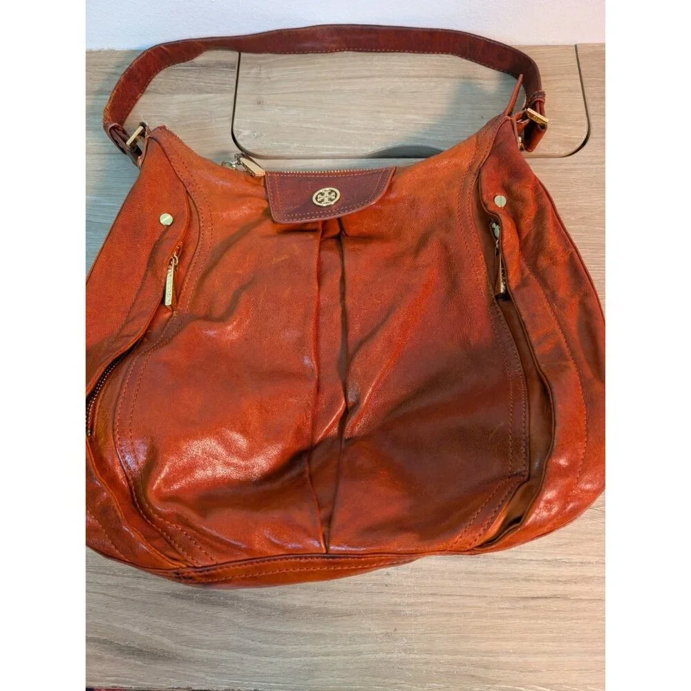 TORY BURCH Hobo PLEATED LEATHER HOBO Shoulder BAG Orange Brown Mirror Flaw
